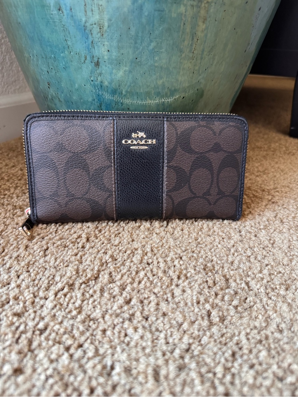 Coach Brown and Black Signature Zip Wallet